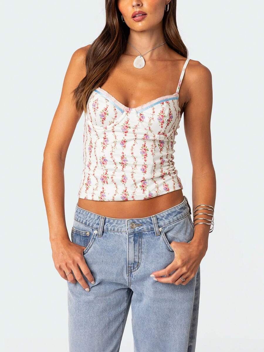 Women Floral Print Tie Strap V - Cami Top Lace recensione e prezzo